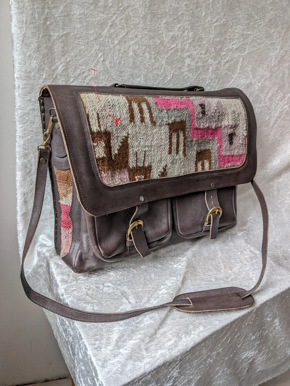 Handmade Peruvian Real Leather Woven Textile Briefcase Book Messenger Bag